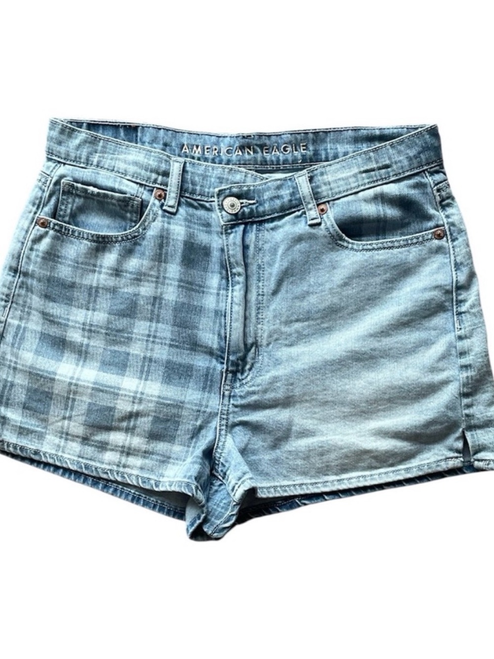 American Eagle Outfitters Light Blue Plaid Denim Shorts